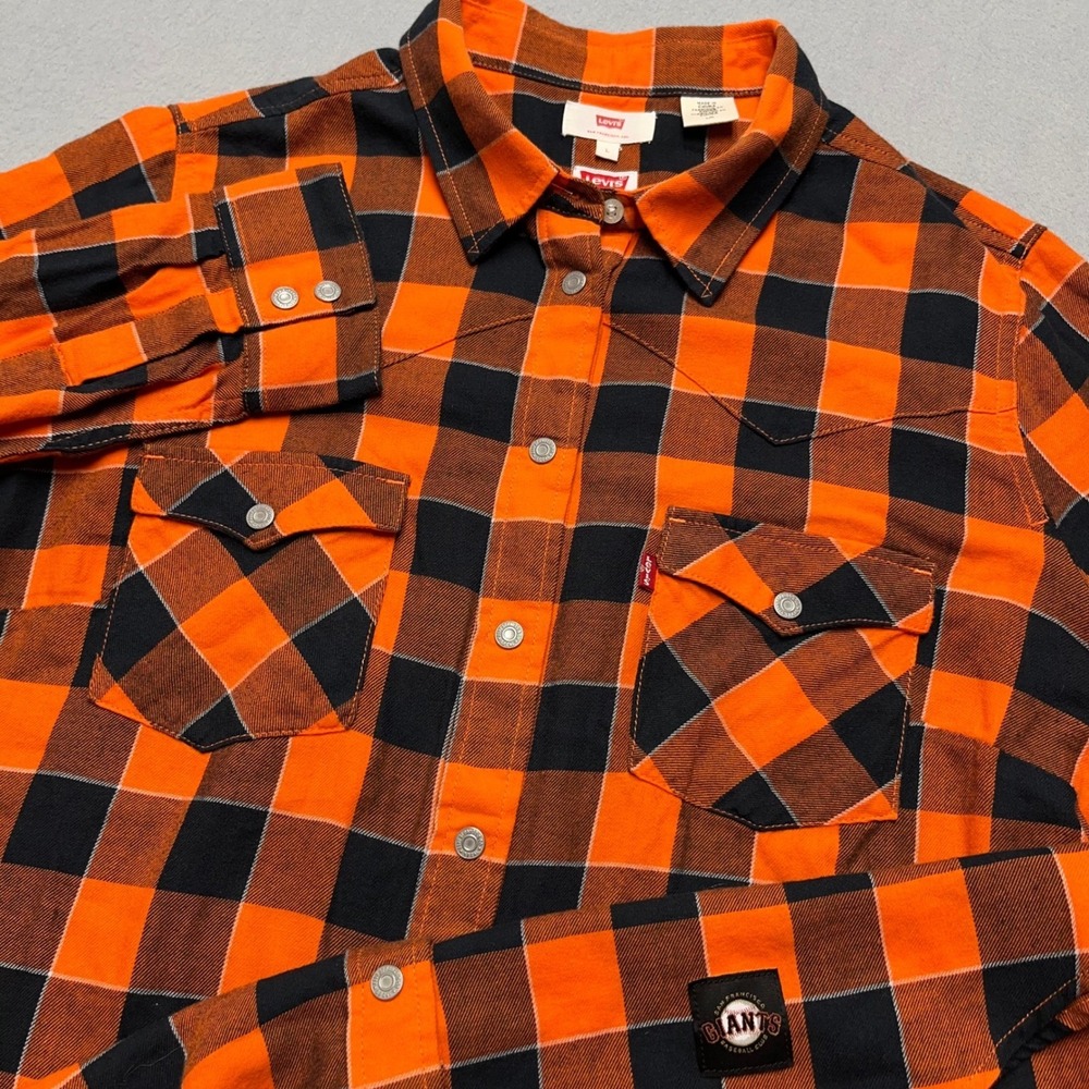 New Levis San Francisco Giants MLB Western Flannel Shirt Orange Black Plaid L